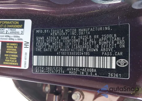 2014 Toyota Avalon Hybrid Xle Touring z USA, uszkodzony, nr VIN 4T1BD1EBXEU034195